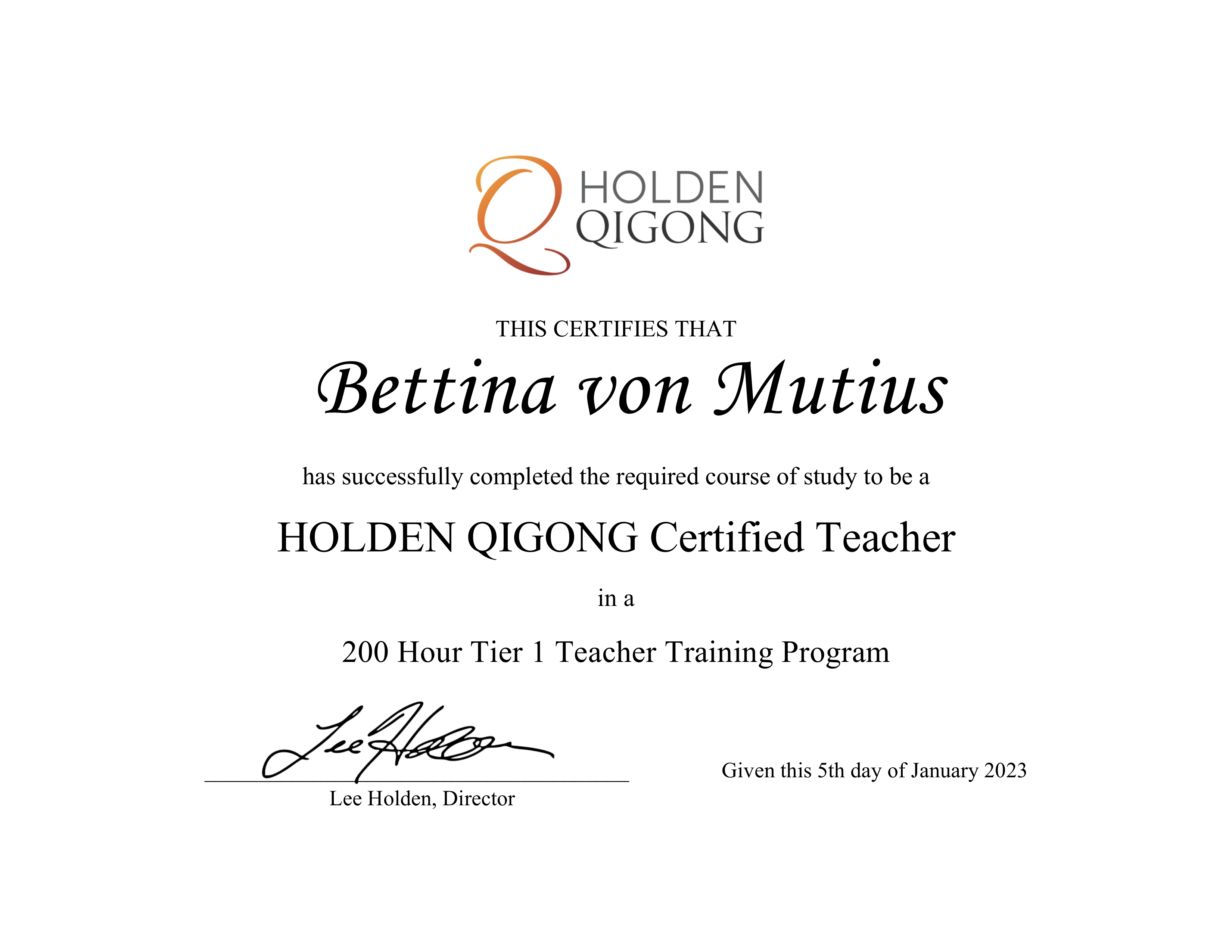 Holden QiGong Zertifikat - Bettina von Mutius