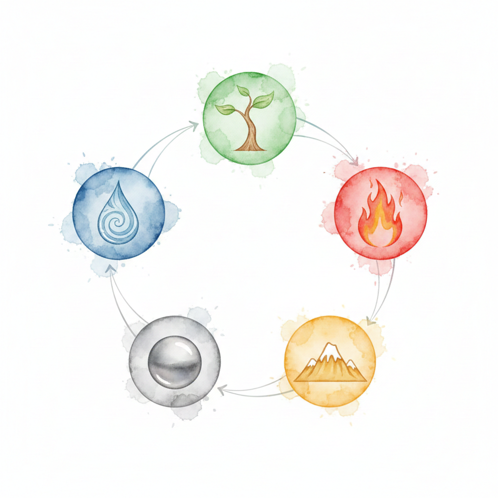 Sheng-Zyklus (Ern&auml;hrungszyklus) der 5 Elemente: Wasser n&auml;hrt Holz, Holz n&auml;hrt Feuer, Feuer n&auml;hrt Erde, Erde n&auml;hrt Metall, Metall n&auml;hrt Wasser