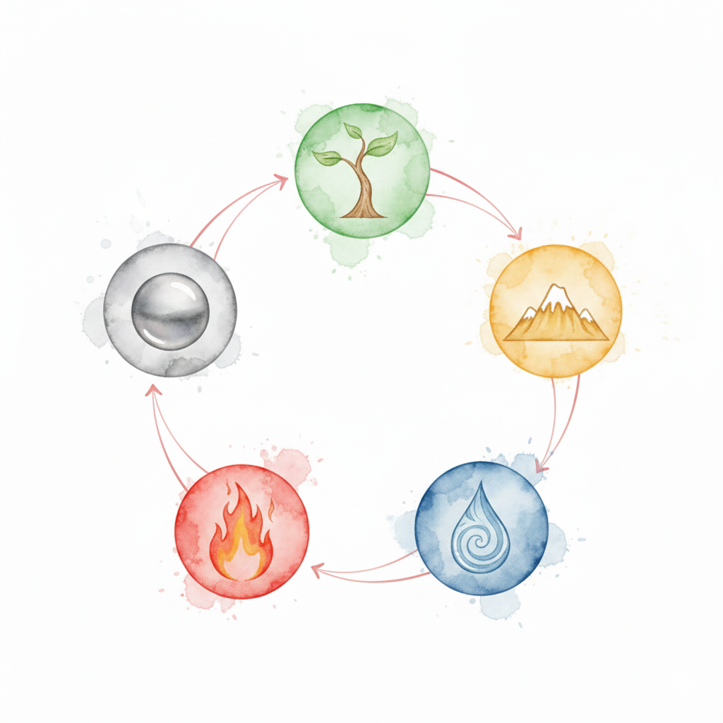 Kontroll-Zyklus (Ke-Zyklus) der 5 Elemente: Holz kontrolliert Erde, Erde kontrolliert Wasser, Wasser kontrolliert Feuer, Feuer kontrolliert Metall, Metall kontrolliert Holz